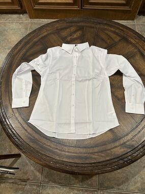 Lands’ End Classic Wht Herringbone Long-Sleeve Button-Up Shirt women’s 10 NWT